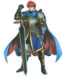  1boy alba armor blue_eyes breastplate cape chainmail dagger durandal_(fire_emblem) eliwood_(fire_emblem) fire_emblem fire_emblem:_the_blazing_blade gauntlets greaves highres ornate_armor red_hair weapon 