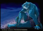  2006 anthro beach blue_body blue_fur canid canine clothed clothing fur himachi humanoid_hands male mammal outside seaside sitting solo text water 