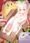  1girl anus ayanami_(azur_lane) azur_lane bar_censor bell blonde_hair blush box breasts candy candy_cane censored christmas food full_body ge_zhong_kuaile gift hair_between_eyes hands_together hands_up headgear highres in_box in_container knees_up legs_up long_hair looking_at_viewer manjuu_(azur_lane) merry_christmas mistletoe nipples nude open_mouth ponytail pussy red_eyes small_breasts solo star thighhighs white_legwear 