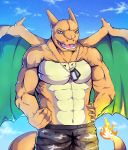  2015 abs anthro athletic biceps bottomwear brown_body brown_scales brown_skin charizard clothed clothing dog_tags dragon fangs fire flaming_tail green_eyes male membrane_(anatomy) membranous_wings muscular nintendo open_mouth orange_body orange_skin pants pecs pok&eacute;mon pok&eacute;mon_(species) reptile scales scalie solo standing teeth tongue topless video_games viruleince wings 