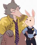  2019 anthro beastars blush bottomwear canid canine canis clothed clothing cosplay crossover crossover_cosplay disney duo fully_clothed fur grey_body grey_fur hands_on_hips haru_(beastars) judy_hopps lagomorph legoshi_(beastars) leporid looking_at_another mammal mikmix3 necktie nick_wilde pants police_uniform rabbit shirt simple_background topwear uniform white_background white_body white_fur wolf zootopia 