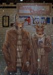  2019 anthro anthro_on_anthro antlers arthurtng beastars bottomwear brown_body brown_fur canid canine canis cellphone cervid cheek_tuft clothed clothing detailed_background duo english_text facial_tuft fully_clothed fur grey_body grey_fur hand_holding holding_cellphone holding_object holding_phone horn jacket legoshi_(beastars) louis_(beastars) mammal outside pants phone shirt snow snowing text topwear tuft wolf 