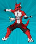  abs anthro athletic belt biceps blue_eyes bottomwear claws clothed clothing digimon digimon_(species) fangs flamedramonx20 male muscular open_mouth pecs red_body red_scales red_skin reptile scales scalie shorts shoutmon solo standing teeth toe_claws tongue topless weapon white_body white_scales white_skin 