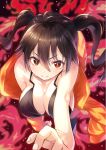  1girl all_fours bare_shoulders bent_over black_bra black_hair blush bra breasts cat_tail cleavage en&#039;en_no_shouboutai fang fiery_tail hair_between_eyes hand_up highres jacket large_breasts long_hair looking_at_viewer off_shoulder orange_jacket reaching_out smile solo tail tamaki_kotatsu tsukiman twintails underwear yellow_eyes 