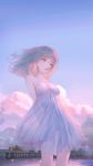  1girl arms_behind_back blue_sky breasts brown_hair cleavage dress dusk highres long_hair medium_breasts original outdoors parted_lips pier pleated_dress see-through_silhouette seol sky solo standing 