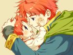  2boys blue_eyes blue_shirt cape eliwood_(fire_emblem) father_and_son fire_emblem fire_emblem:_the_blazing_blade green_cape guttary hand_on_another&#039;s_head hands_on_another&#039;s_face looking_at_another multiple_boys red_hair roy_(fire_emblem) shirt white_shirt 