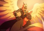  2019 animated anthro armor avian blonde_hair bodily_fluids claws clothed clothing cum dragon ejaculation erection european_mythology flabbyotter genital_fluids greek_mythology hair horn knot male mythological_bird mythological_firebird mythology partially_clothed penis phoenix standing wings 