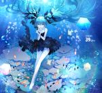  1girl 39 ahoge air_bubble aqua_hair aqua_nails bangs bare_legs bare_shoulders barefoot black_dress blue_eyes blue_hair blue_theme blurry bubble caustics coral covered_mouth covering_mouth crossed_arms cube cyawa dated dress fish flat_chest floating_hair full_body hair_between_eyes hair_ribbon hand_over_own_mouth hatsune_miku highres long_hair looking_at_viewer nail_polish plantar_flexion ribbon shinkai_shoujo_(vocaloid) sleeveless sleeveless_dress solo submerged twintails underwater very_long_hair vocaloid 