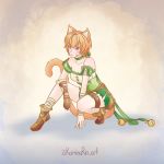  1girl :&lt; animal_ears artist_name bandaged_arm bandaged_leg bandages bangs bare_legs bare_shoulders bell boots bow breasts brown_footwear brown_gloves cat_ears cat_tail choker cleavage collarbone commentary english_commentary facial_mark fingerless_gloves fire_emblem fire_emblem:_path_of_radiance gloves green_bow green_choker green_shirt green_shorts hair_between_eyes hair_bow jingle_bell kaminarin_art lethe_(fire_emblem) looking_at_viewer medium_breasts off-shoulder_shirt off_shoulder orange_hair purple_eyes shirt short_hair short_shorts short_sleeves shorts side_slit single_glove solo tail thigh_strap thighs 