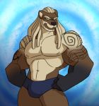  abs anthro athletic beard biceps big_muscles bottomwear cartoonjunkie clothed clothing digital_media_(artwork) dreadlocks facial_hair fur hair looking_at_viewer lutrine male mammal manly maverick_gunshow muscular muscular_arms muscular_legs muscular_male mustelid pecs pose solo tattoo topless 