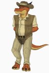  2019 3_toes anthro belt biped bottomwear bulge claws clothed clothing cowboy_hat dress_shirt dungeons_and_dragons full-length_portrait hat headgear headwear hi_res horn kobold male matydraws_(artist) narrowed_eyes overweight overweight_male pants pecs penis_outline portrait reptile scalie shirt simple_background smile smirk smug solo standing teeth toes topwear vest 