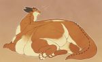  2018 ambiguous_gender brown_background claws dragon feral huge_thighs looking_back lying morbidly_obese obese on_front overweight pastelgeneticist pawpads simple_background solo thick_thighs 