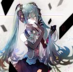  1girl adapted_costume aqua_eyes aqua_hair aqua_nails aqua_neckwear aqua_ribbon arm_belt bare_shoulders black_gloves black_skirt breasts brooch card closed_mouth colored_eyelashes cowboy_shot cyawa elbow_gloves finger_to_mouth frown glint gloves grey_background hair_between_eyes hair_ornament hatsune_miku headphones holding holding_hair index_finger_raised jewelry long_hair looking_at_viewer neck_ribbon number ribbon skirt sleeveless small_breasts solo twintails vocaloid watch wristwatch 