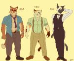  anthro black_tie_(suit) bottle calico_cat captain_nikko clock clothed clothing domestic_cat felid feline felis footwear fully_clothed hand_behind_head jack_(captain_nikko) lineup male mammal milo_(captain_nikko) necktie one_eye_closed overweight overweight_male pubes siamese suit suspenders tabby_cat tabbycat teeth text theo_hightower watch wink wristwatch 
