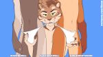  2019 alex_maxwell anthro blue_background brown_body brown_fur clothed clothing felid feline fur fur_tuft green_eyes group kim_knightwood male male/male mammal martin_bell multicolored_body multicolored_fur navel orange_body orange_fur shiuk simple_background tuft underwear white_clothing white_underwear 