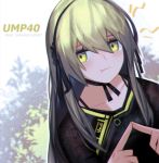  1girl :t black_dress black_hairband blush choker commentary dress english_commentary flat_chest girls_frontline green_eyes green_hair hairband kky long_hair looking_at_viewer pout ribbon_choker solo star star-shaped_pupils steepled_fingers symbol-shaped_pupils tearing_up twitter_username ump40_(girls_frontline) 