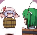  &gt;:) 2girls =3 barrel bat_wings blue_hair blush bow bucket eyebrows_visible_through_hair fang fang_out flapping floating green_hair hair_bobbles hair_ornament hat hat_bow in_bucket in_container kisume looking_at_another mob_cap multiple_girls nikori peeking_out red_eyes remilia_scarlet shirt short_hair short_twintails simple_background sparkle sweatdrop touhou twintails vignetting white_background white_shirt wings 