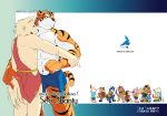  2011 anthro canid canine clothing felid group himachi hug lion mammal melee_weapon muscular pantherine sitting sword text tiger underwear weapon 