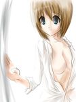  aqua_eyes brown_hair dress_shirt lyrical_nanoha mahou_shoujo_lyrical_nanoha mahou_shoujo_lyrical_nanoha_a's mahou_shoujo_lyrical_nanoha_strikers open_clothes open_shirt shirt short_hair sleeves_pushed_up smile solo wagashi_(okashina) white_shirt yagami_hayate 