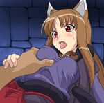  animal_ears blush breast_grab breasts cl-55 covered_nipples fang grabbing holo long_hair lowres medium_breasts solo_focus spice_and_wolf sweat tongue 