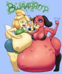  abdominal_bulge animal_crossing ankha_(animal_crossing) anthro big_breasts bone breasts burping canid canine canis cherry_(animal_crossing) clothing domestic_dog drunk duo face_imprint fatal female female/female hi_res imprint isabelle_(animal_crossing) jackheretherealone mammal nintendo open_mouth soft_vore substance_intoxication thick_thighs video_games vore 