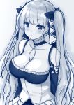  1girl azur_lane bare_shoulders bow breasts cleavage collarbone detached_collar dress formidable_(azur_lane) hair_bow large_breasts long_hair long_sleeves monochrome sei000 smile solo twintails upper_body 