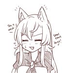  1girl :d =_= animal_ear_fluff animal_ears bangs blush brooch closed_eyes commentary eyebrows_visible_through_hair facing_viewer imaizumi_kagerou jewelry long_hair monochrome open_mouth sidelocks simple_background smile solo sweat touhou upper_body white_background wolf_ears wool_(miwol) 