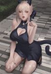  1girl :o animal_ears artist_name artoria_pendragon_(all) bangs bare_arms bare_shoulders bell black_bow black_dress black_nails blonde_hair bow breasts cat_ears cat_girl cat_tail cleavage cleavage_cutout commentary dress english_commentary fangs fate/stay_night fate_(series) hair_bow hand_on_own_thigh highres jingle_bell kemonomimi_mode kneeling large_breasts looking_at_viewer nail_polish open_mouth outdoors paw_pose pink_lips saber_alter short_hair sidelocks sleeveless sleeveless_dress solo stone_floor tail thaumazo yellow_eyes 