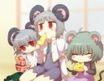  3girls :t animal_ears blush_stickers cheese chopsticks closed_eyes commentary cookie_(touhou) eating fake_nyon_(cookie) food grey_hair highres instant_udon kitsune_udon kofji_(cookie) mouse_ears multiple_girls namatama_(7lemo_can) nazrin nyon_(cookie) red_eyes sitting touhou udon 