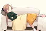  1girl ahoge akigumo_(kantai_collection) bangs blanket blush breasts closed_eyes couch eyebrows_visible_through_hair green_sweater kakizaki_(chou_neji) kantai_collection long_hair long_sleeves lying open_mouth orange_skirt pillow pink_footwear ponytail ribbon simple_background skirt sleeping slippers small_breasts socks solo sweater white_legwear 