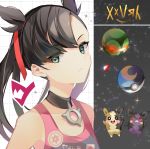  1girl :d bangs bare_shoulders black_choker black_hair breasts choker clenched_teeth closed_mouth crystal dusk_ball frown gen_8_pokemon green_eyes jacket long_hair looking_at_viewer mary_(pokemon) moon_ball morpeko o-ring open_mouth pointy_hair poke_ball poke_ball_theme pokemon pokemon_(creature) pokemon_(game) pokemon_swsh red_ribbon ribbon sleeveless smile sparkle teeth upper_body yuhi_(hssh_6) 