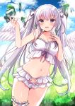  1girl :d angel angel_wings bare_arms bare_shoulders blue_sky blush breasts cleavage cloud cloudy_sky commentary_request crop_top day feathered_wings hair_ribbon hands_up highres long_hair medium_breasts minami_saki navel open_mouth original outdoors purple_eyes purple_ribbon ribbon signature silver_hair sky smile solo twintails very_long_hair white_wings wings 