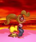  activision animated anthro bandicoot bottomwear breasts burn burning butt butt_on_fire cave clothed clothing coco_bandicoot crash_bandicoot_(series) embarrassed explosion exposed exposed_butt female fire holding_butt humiliation lava looking_back mammal marsupial open_mouth pants solo torn_bottomwear torn_clothing torn_pants video_games 