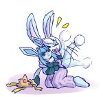  2019 anthro blue_body blue_fur clothed clothing digital_media_(artwork) eeveelution eyes_closed fangs female flopsy_(unknownlifeform) full-length_portrait fully_clothed fur glaceon hair happy hi_res hug kneeling long_ears long_tail nintendo open_mouth pajamas plushie pok&eacute;mon pok&eacute;mon_(species) portrait purple_clothing simple_background solo tailwag tongue unknownlifeform video_games white_background white_body white_fur white_hair 