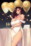  1girl alcohol artist_name balloon beryl_(junkpuyo) blush bracelet breasts champagne cleavage cup dress drinking_glass earrings fireworks highres huge_breasts jewelry junkpuyo long_hair necklace new_year original pearl_necklace purple_hair ring smile solo sparkler table thick_thighs thighs white_dress wine_glass 