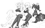  3girls aiko_(less) animal_ears arm_behind_head arm_up armpits bangs bare_shoulders bell bike_shorts breasts closed_eyes cross-laced_footwear eyebrows_visible_through_hair feathered_wings fox_ears fox_tail greyscale hair_between_eyes haohi_(less) high_heels horns jacket jingle_bell large_breasts less long_hair medium_breasts midriff monochrome multiple_girls navel off_shoulder original parted_lips ponytail simple_background sitting smile stretch tail tail_bell thighhighs turtleneck white_background wings 
