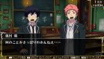  2boys ao_no_exorcist black_hair blue_eyes chalkboard classroom desk multiple_boys okumura_rin pink_hair school_uniform shima_renzou translated 