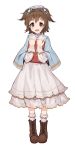  1girl :d blue_capelet bobby_socks boots brown_eyes brown_footwear brown_hair capelet character_request cross-laced_footwear dress full_body hat highres idolmaster long_sleeves looking_at_viewer open_mouth shone short_hair simple_background smile socks solo standing two_side_up white_background white_dress white_footwear 