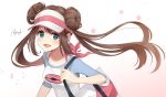  1girl :d bag blue_eyes breasts brown_hair collarbone double_bun flower handbag holding_strap long_hair looking_at_viewer mei_(pokemon) open_mouth pink_flower pokemon pokemon_(game) pokemon_bw2 raglan_sleeves rupinesu sidelocks signature small_breasts smile solo twintails upper_body visor_cap 