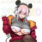  1girl animal_ears blush bow bowtie breasts chinese_zodiac cleavage happy_new_year headphones jacket large_breasts looking_at_viewer mouse_ears mouse_tail new_year nitroplus open_clothes open_jacket pink_eyes pink_hair solo super_sonico tail tsuji_santa underboob 