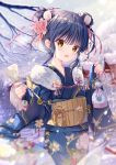  1girl animal_ears blue_hair blue_kimono blurry blurry_background blush chinese_zodiac commentary_request double_bun eyebrows_visible_through_hair floral_print flower fur_trim hair_between_eyes hair_flower hair_ornament hair_ribbon highres holding holding_paper holding_pouch japanese_clothes kimono looking_at_viewer mouse_ears obi omikuji open_mouth orange_eyes original outdoors paper pouch ribbon sash short_hair sidelocks smile snow solo sousouman year_of_the_rat 