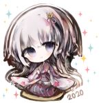  1girl 2020 bangs black_hakama blush closed_mouth commentary_request cottontailtokki crown floral_print grey_hair hair_between_eyes hair_ribbon hakama japanese_clothes kimono long_hair long_sleeves mini_crown obi pink_ribbon print_kimono purple_eyes ribbon sash seiza shadowverse shingeki_no_bahamut sitting smile solo sparkle spinaria_(shingeki_no_bahamut) tilted_headwear very_long_hair white_kimono wide_sleeves 