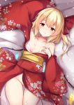  1girl alternate_costume arm_up ass_visible_through_thighs bangs bare_shoulders bed_sheet blonde_hair blush breasts commentary_request covering covering_breasts cowboy_shot crystal eyebrows_visible_through_hair flandre_scarlet floral_print groin hair_between_eyes hair_ribbon highres japanese_clothes kashiwagi_yamine kimono long_hair long_sleeves looking_at_viewer lying no_hat no_headwear no_panties obi off_shoulder on_back one_side_up red_eyes red_kimono red_ribbon ribbon sash small_breasts solo thighs touhou wide_sleeves wings yellow_sash 