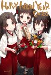  2020 3girls :d brown_eyes brown_hair double_bun grin hair_intakes hakama half_updo happy_new_year highres holding japanese_clothes jintsuu_(kantai_collection) kantai_collection koruri long_hair miko multiple_girls naka_(kantai_collection) new_year omikuji open_mouth red_hakama sendai_(kantai_collection) short_hair smile tabi twitter_username two_side_up white_legwear zouri 