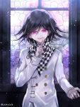  1boy bangs black_hair checkered checkered_scarf commentary_request danganronpa eyebrows_visible_through_hair hair_between_eyes long_sleeves looking_at_viewer male_focus new_danganronpa_v3 ouma_kokichi parted_lips purple_eyes purple_hair scarf smile straitjacket upper_body z-epto_(chat-noir86) 