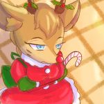  1:1 2018 anthro antlers blue_eyes breasts brown_body brown_fur candy candy_cane cervid christmas clothed clothing costume digital_media_(artwork) dress eyebrows eyelashes facial_markings female food fur gloves green_clothing handwear head_markings hi_res holidays holly_(plant) horn mammal markings multicolored_body multicolored_fur plant red_clothing red_nose santa_costume signia_(unknownlifeform) solo standing two_tone_body two_tone_fur unknownlifeform 