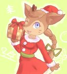  2017 accessory anthro antlers belt blue_eyes braided_hair breasts brown_body brown_fur cervid christmas christmas_present clothed clothing costume digital_media_(artwork) dress eyebrows eyelashes facial_markings female fur gloves green_clothing hair hair_accessory hair_bow hair_ribbon handwear hat head_markings headgear headwear hi_res holidays horn mammal markings multicolored_body multicolored_fur one_eye_closed open_mouth red_clothing ribbons santa_costume santa_hat signia_(unknownlifeform) simple_background single_braid solo standing two_tone_body two_tone_fur unknownlifeform 