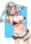  1girl absurdres alternate_costume apron armpits bare_shoulders black_swimsuit breasts brown_eyes cleavage elbow_gloves enmaided frilled_apron frills girls_frontline gloves grey_hair highres k3_(girls_frontline) korean_commentary large_breasts looking_at_viewer maid maid_apron maid_headdress navel solo swimsuit uleuleuleu waist_apron white_apron white_gloves 
