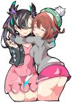  2girls ass asymmetrical_bangs bangs black_hair black_jacket blush breasts brown_hair cardigan closed_eyes dress enpe green_headwear grey_cardigan hair_ribbon highres hug jacket long_hair long_sleeves mary_(pokemon) multiple_girls open_mouth pink_dress pink_ribbon pokemon pokemon_(game) pokemon_swsh ribbon short_hair simple_background small_breasts smile tam_o&#039;_shanter thighs twintails undercut white_background yuuri_(pokemon) 