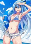  1girl alternate_costume aqua_(konosuba) bangs bikini blue_bikini blue_eyes blue_hair breasts cloud commentary_request day eyebrows_visible_through_hair hair_ornament holding holding_innertube innertube kono_subarashii_sekai_ni_shukufuku_wo! long_hair open_clothes open_mouth open_shorts outdoors shorts smile solo swimsuit water white_bikini_bottom yuuka_(a0240765) 